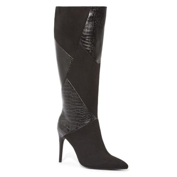 JustFab Patchwork Steal My Heart black knee high pointy toe stilleto boots 8.5 - Picture 1 of 7